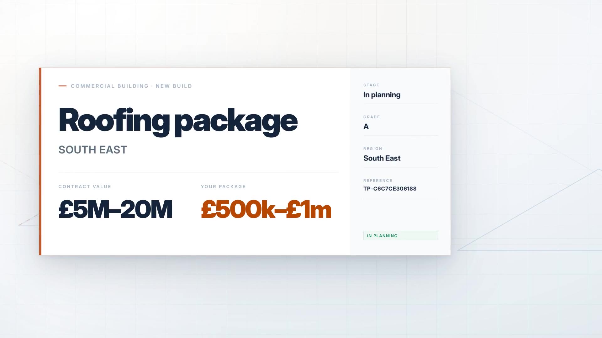 A frame from the Tradello film: a roofing package in the South East, with its value band